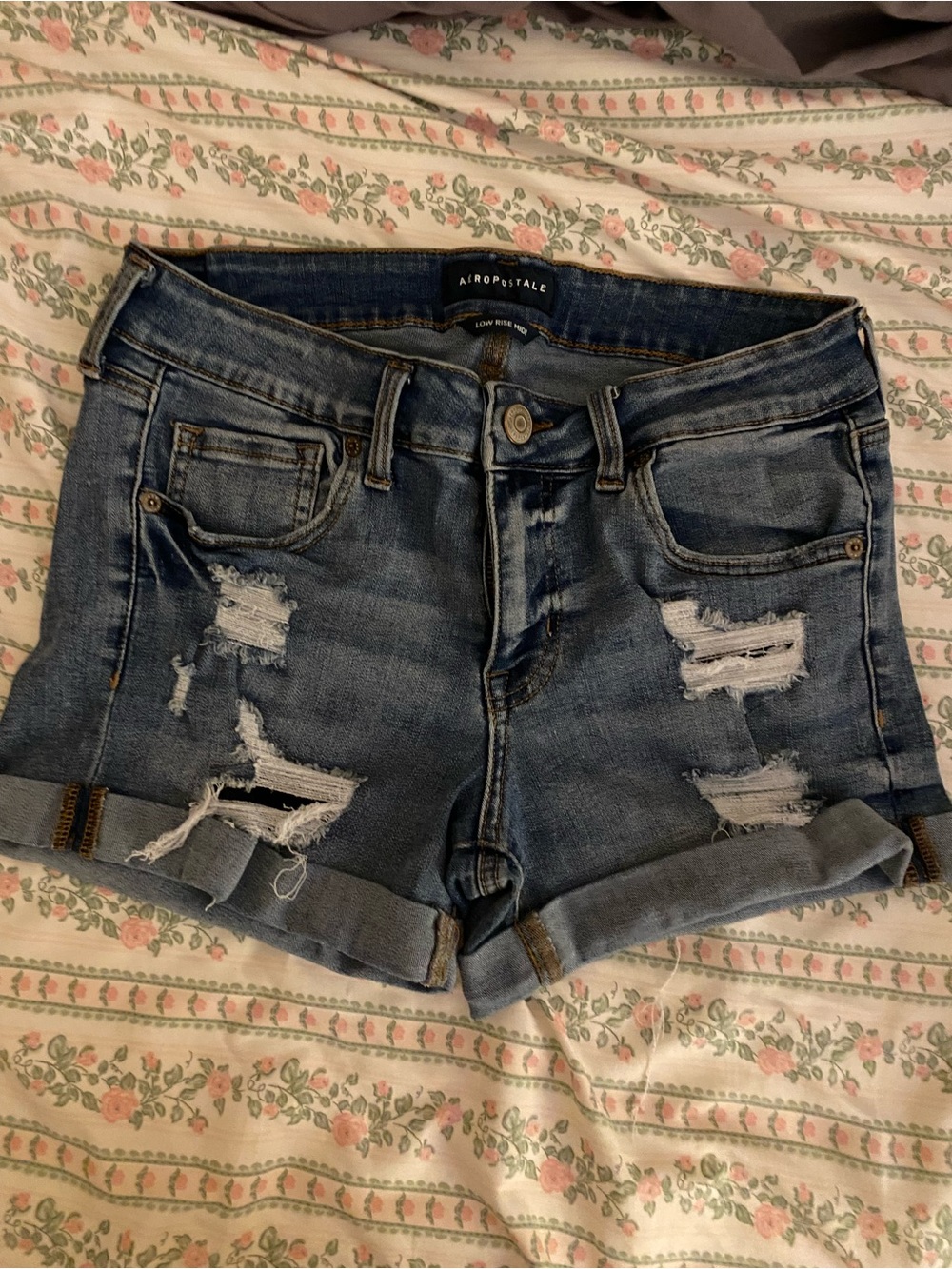 Aeropostale Blue Distressed Rolled-Hem Denim Shorts
